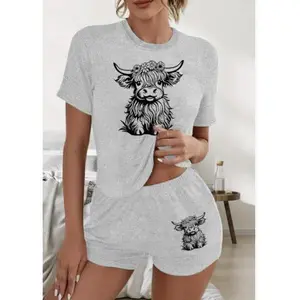 [3pcsHighlandCowPajama]Three-PieceShortSleeveShortsLongPantsPajamaSet|HighlandCowPrintforWomen