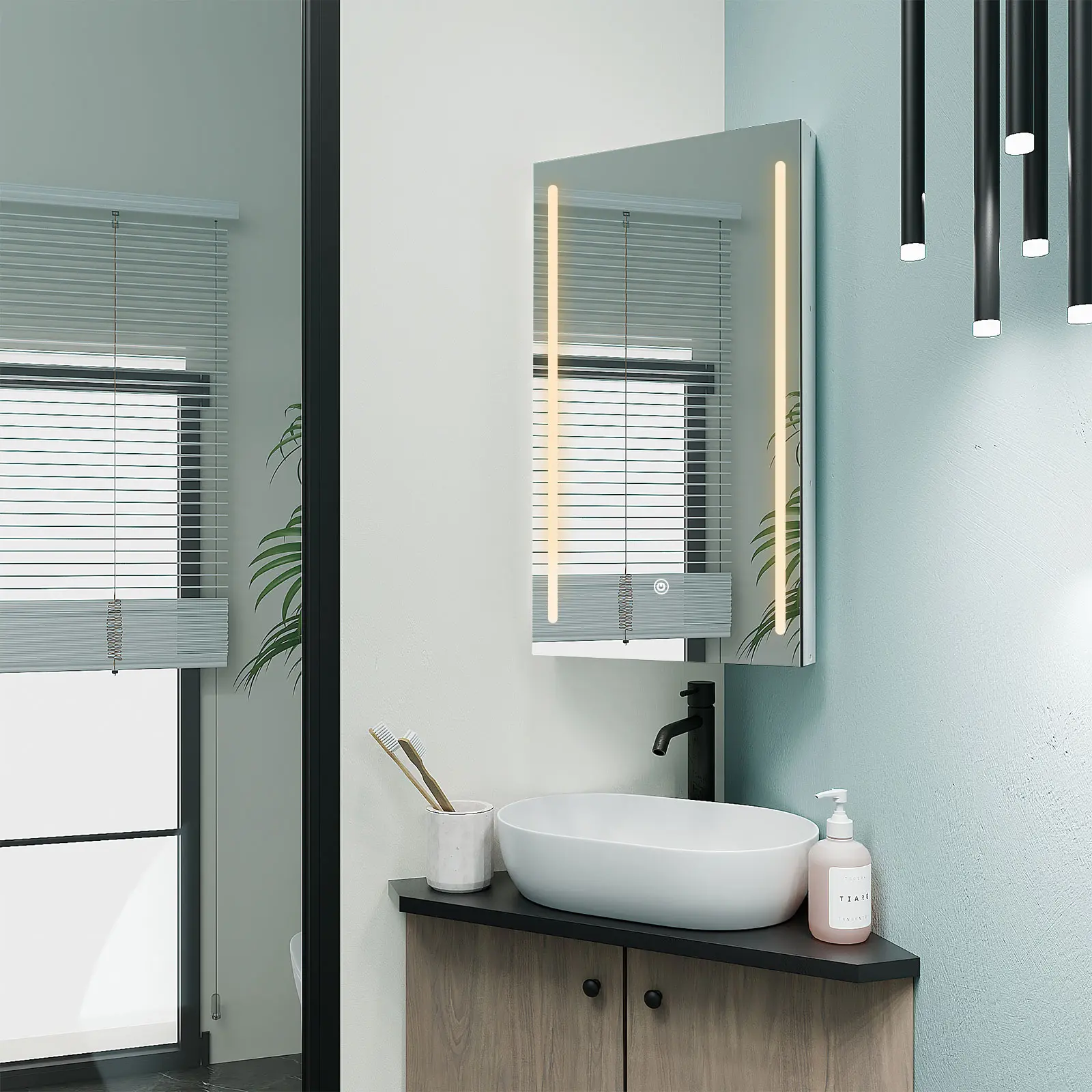Mepplzian Sturdy Wall-Mount Frameless Triangular Corner Bathroom Medicine Cabinet Mirror - 13.4in W x 23.6in H, Particle Board, Smooth Paint, 3 Fixed Shelves, Magnetic, LED Lighting, 66 lb, Single Unit, Waterproof Cabled Tubes, Classic, Requires Assembly