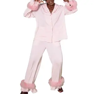 Women’s 2 Piece Pajama Set Long Sleeve Button Up Shirt with Fur Trim + Comfy Pants Set Sleepwear, Loungewear, Soft Cozy PJs, Relaxation & Lounge Wear , Casual Sleep Set