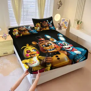 3pcs F-Five Nights At Freddy'S 2nd Generation Toy Print Fitted Sheet Set, Fun and Playful Bedding Set, Featuring Freddy, Bonnie & Chica Patterns for Bedroom Decoration, Provides Excellent Coverage, Must-Have Gift for Fans