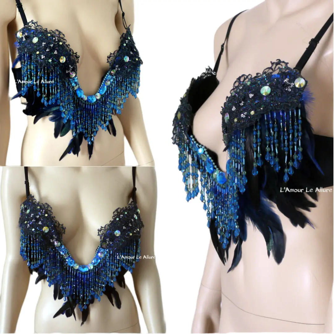 Blue Beaded Feather Fringe Plunge Bra Cosplay Dance Costume Rave Halloween