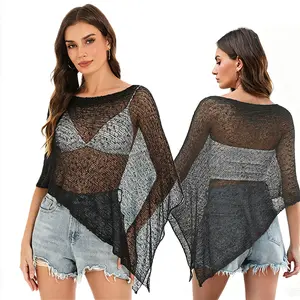 Women's Off-the-Shoulder Swim Cover Ups Sheer Knit Loose Fit Beach Kimono Cardigan Hollow Out Bikini Swimsuit Coverup Tops