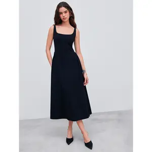 Cider  Woven Square Neck Solid Midi Dress