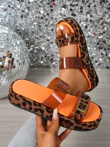 Women's Open Toe Flat Sandals, Rhinestone Metal Buckle, Leopard Print, Anti-Slip Breathable Design, Lightweight Comfort Shoes