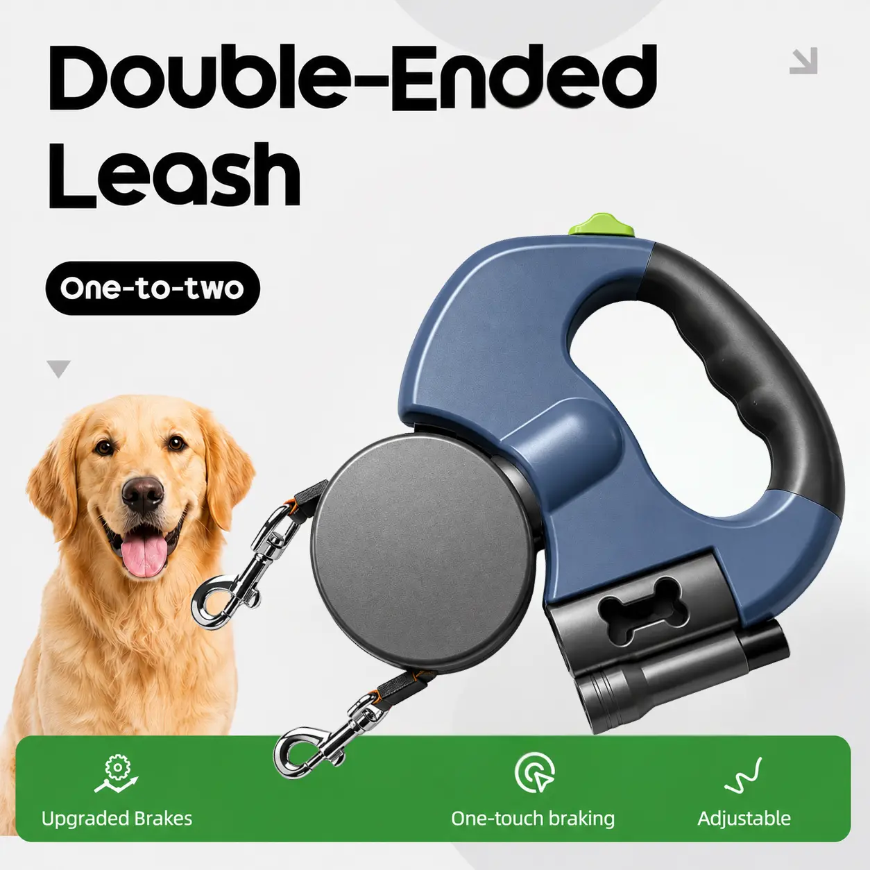 Dual Dog Retractable Leash with Flashlight, 360° Tangle-Free Double Leash for Two Dogs