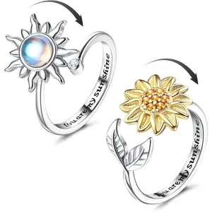 CASSIECA 2Pcs Spinner Relief Sunflower Fidget Ring    You Are My Sunshine Moonstone Anti Stress Ring Adjustable Open for Anxiety Women