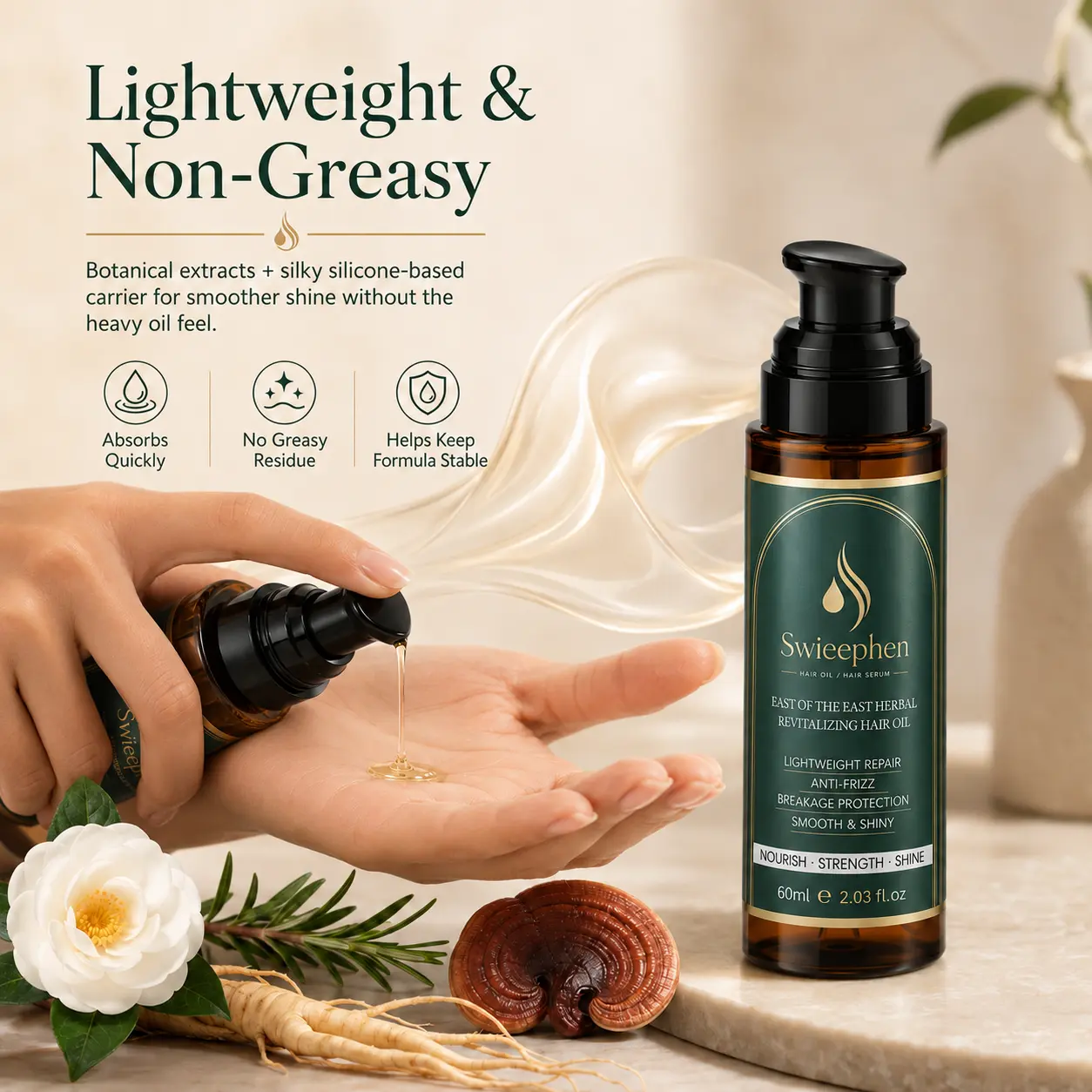 Swieephen Lightweight Hair Oil for Smooth, Shiny-Looking Ends, Non-Greasy Hair Serum, 60 ml
