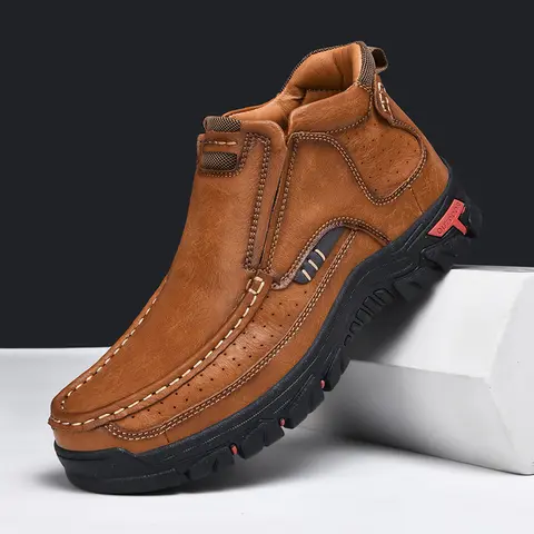 Men's Mid-Top Slip-On Outdoor Ankle Boots - Water Resistant Textured Upper, Non-Slip, Plush Lined, Comfort Cushioned, Synthetic, 3 Neutral Color Options, All Seasons Construction Work Footwear (sohochic)