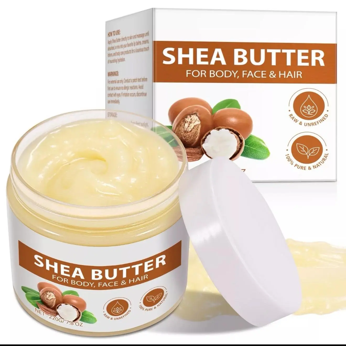 Pure Organic Shea Butter 7.8oz | Raw & Unrefined 100% Natural Body & Face Butter | Vitamin A, E & F | Long-Lasting Hydration for Dry Skin & Hair