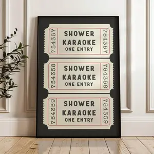 Shower Karaoke Ticket Print – Retro Black Cream Bathroom Art, Funny Decor, Unframed, 5 size, 8x12 to 27x40 inch