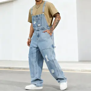 Yuanbang Men's Letter Print Distressed Casual Versatile Denim Bib Overalls for Street Work Urban Wear