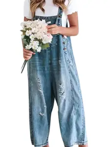 Ebossy Women Minimalist Blue Loose Strappy Adjustable Strap Denim Bib Overall Jeans Distressed Wide Leg Baggy Overalls Jumpsuit Womenswear Basic