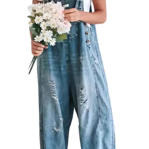 Ebossy Women's Minimalist Blue Washed Cotton Denim Bib Overalls - Loose Strappy, Adjustable-Button, Ripped Wide-Leg, Distressed Baggy Jumpsuit for Casual, Party Womenswear, Blue Washed Denim Overalls, Cotton Wide-Leg Overalls