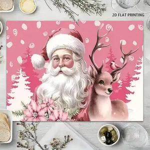 2D flat printing, 2-piece/4-piece 6-piece set, pink Christmas table flag and placemat set, pink Santa Claus reindeer pattern, suitable for indoor and outdoor use, erasable, daily festive party decoration, Wipeable Fabric