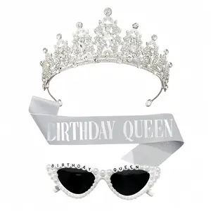 3/1pcs-Birthday Girl Sash and Crown Set with Glasses - Pink Birthday Sash for Women Girls, Regal Princess Tiara Crown, Sparkling Playful Sash, Fun Glasses for Birthday Party Decoration