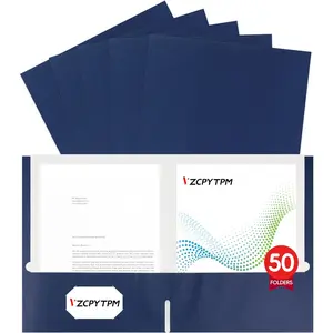 50 Pack Navy Blue 2 Pocket File Folders for Letter Size (8.5 x 11 Inch), Professional Design with Business Card Slot for Office and School Organization