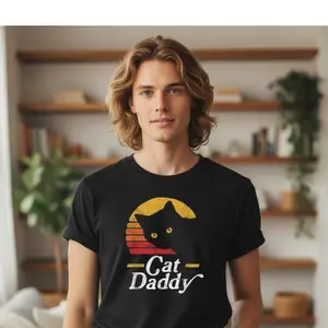 A vintage 80s-style, distressed cat print t-shirt, perfect for dads in the summer, street style.