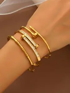 3pcs Elegant Luxury Clover Stainless Steel Bracelet Set, Stackable Bracelet, 18k Gold Plated Mirror Polished, Waterproof, Personalized Jewelry for Women