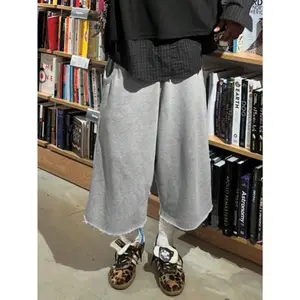 Elastic Waist Cropped Pants Workout Athletic Raw Trim Wide Leg Trousers with Pockets Streetwear