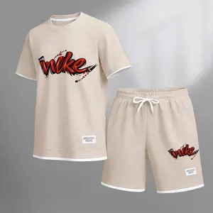 Men's Red Graffiti-Style Art Letter Print Fake Two-Piece Short Sleeve T-Shirt & Shorts Set, Summer Waffle Breathable Sporty Casual Two-Piece Outfit, Streetwear Gym Training Activewear