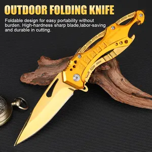 Outdoor Folding Pocket Knife, Gold EDC Knife with Ultra Sharp Blade, Glass Breaker,bottle opener,Gold Titanium Coating，Lightweight & Durable for Camping, Survival, Daily Use, Ideal Gift for Men