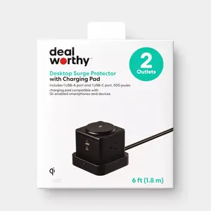 Desktop Surge Protector USB-A and USB-C with Top Charging Pad Black - Dealworthy