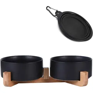 Dog Bowls,Black Ceramic Cat Dog Bowl Set with Wood Stand for Food and Water,Non-Slip Cute Modern Pet Dish Set for Cats Small and Medium Dogs (28OZ/6.1 in)