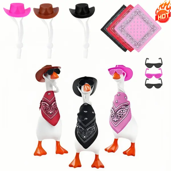 3-Set Western Cowboy Plaid Miniature Costume Kits with Hats & Bibs for 7-in Ceramic/Plastic Table Goose Ornaments, Western Figurine Collectible Figurine DIY Specialty Toy Gift Supplies, Home Decor Accessory Decoration Items