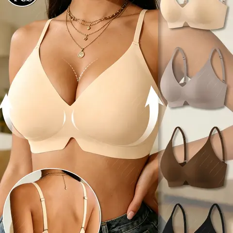 Women's 4-Pack Wire-Free Seamless V-Neck Bras - Lightly Padded, Adjustable Straps, Buttery Soft, Breathable, Full Coverage, Chic Retro Racerback, Yoga Fit for Daily & Wedding Use