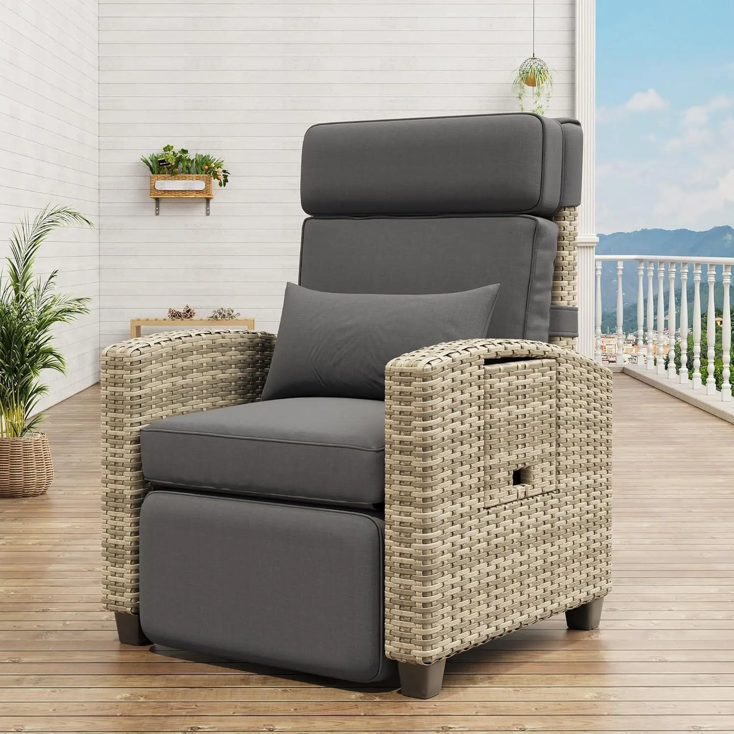 Outdoor Recliner Chair, Rattan Patio Recliner with Air Pump, Adjustable Backrest & Footrest, 150° Lay Flat, Wicker Lounge Recliner Patio Chair with Flip-Up Table and Removable Cushion, Grey