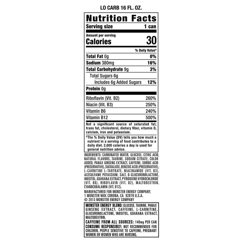 Monster Energy, Lo-Carb Monster, Low Carb Energy Drink, 16 Ounce (Pack of 15)