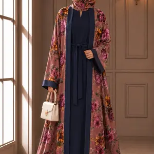 Women's 4-Piece Chic Floral All Over Print Abaya Set - Traditional Dubai Muslim Modesty Wear, Long Sleeve, Plain Inner, Scarf, Belt, Full High-Coverage, Elegant Everyday Casual, All Seasons, Default Medium/54 Size