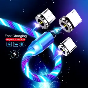 3 in 1 Magnetic Light Up Charging Cable 360 Rotating LED Phone Cable for iPhone,Type C,and Micro USB - Blue,1m Smartphone Cellphone Charger Electronic