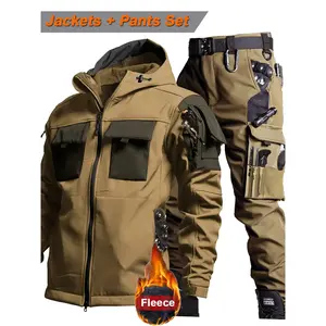 Men's Tactical Soft Shell Set,Winter Fleece Lined Outdoor Hooded Jacket + Gargo Pants Suit, Multi Pocket Windproof Waterproof Workwear for Fishing & Hiking Adventure