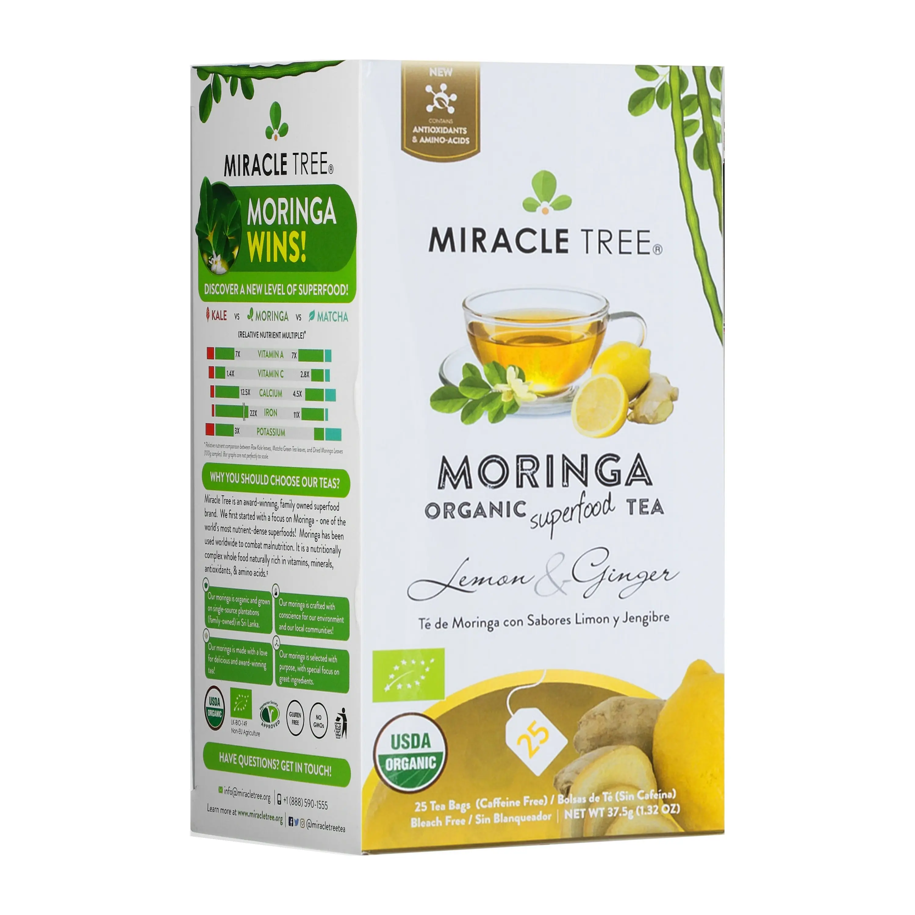 Miracle Tree Organic Moringa Tea Lemon & Ginger Caffeine-Free Herbal Tea USDA Certified Natural Zesty Spice Nutrient-Rich Beverage
