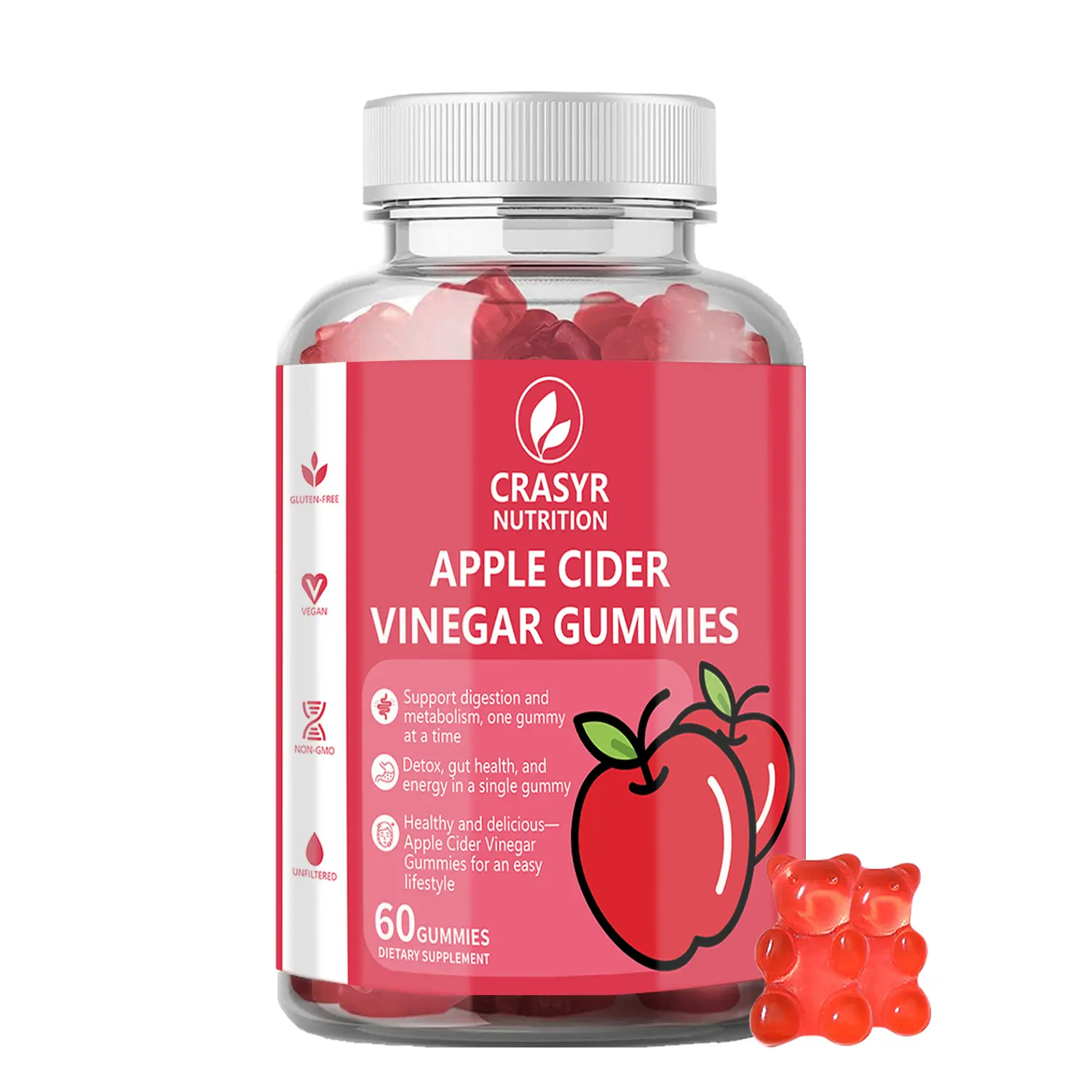 CRASYE Apple Cider Vinegar Gummies 1000mg Digestion & Energy Boost 60 US Made Tasty Candy-Like Form Healthy Ingredients Dietary Supplement Daily Vitamins