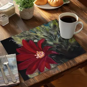 360 stand Polyester Material Placemat, 14x18 in Black Floral Tableware with Echinopsis Red Cactus Flower Design, Compatible with Coasters, Home