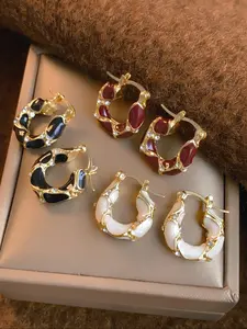 Women's Elegant Enamel Hoop Earring Sets, Autumn Winter Vintage Design, Artificial Glass Inlay, Fashion Jewelry for Daily Wear & Festivals