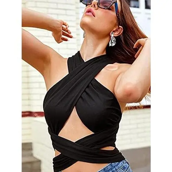 Womens Ribbed Halter Crop Top Ruched Lace-up Cropped Cami Bandana