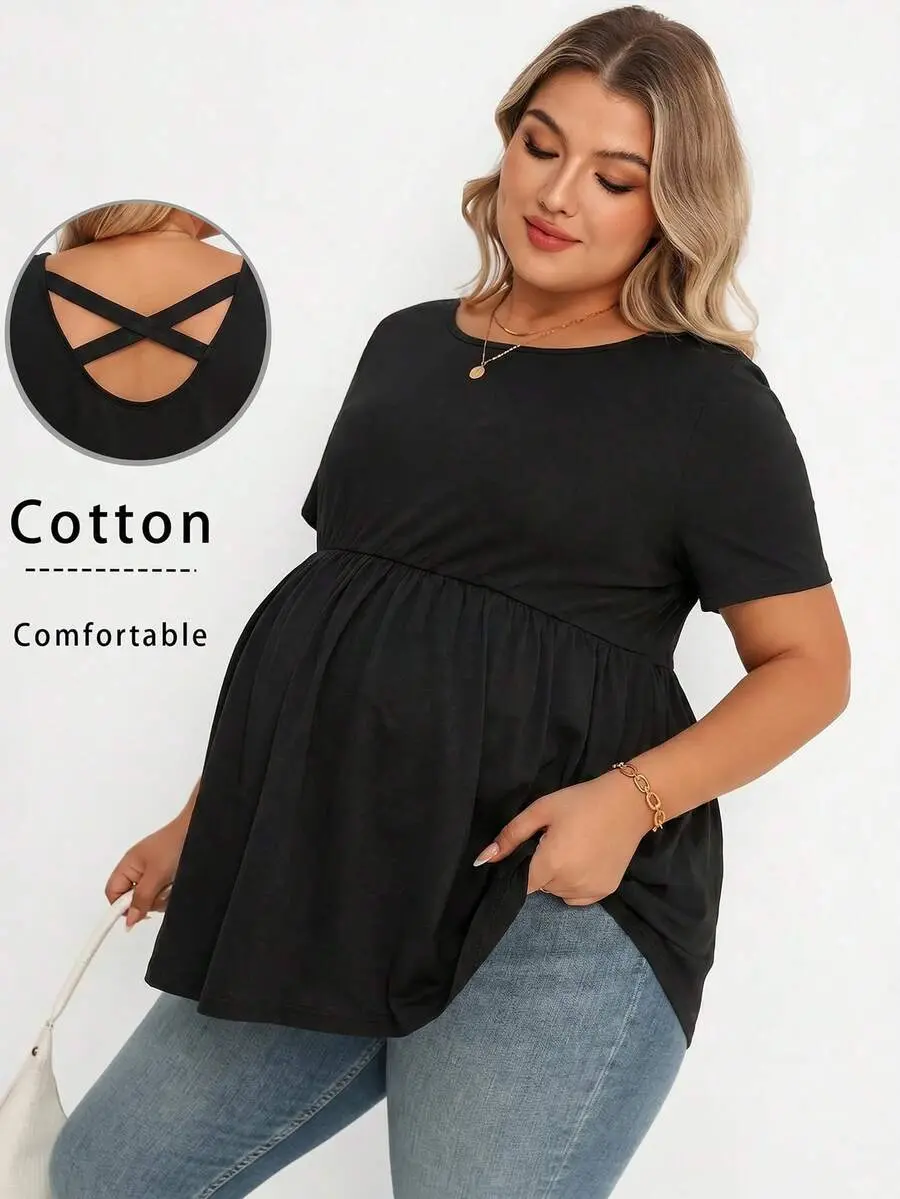 Maternity Plus Size Solid Color Round Neck Short Sleeve Casual Top Summer