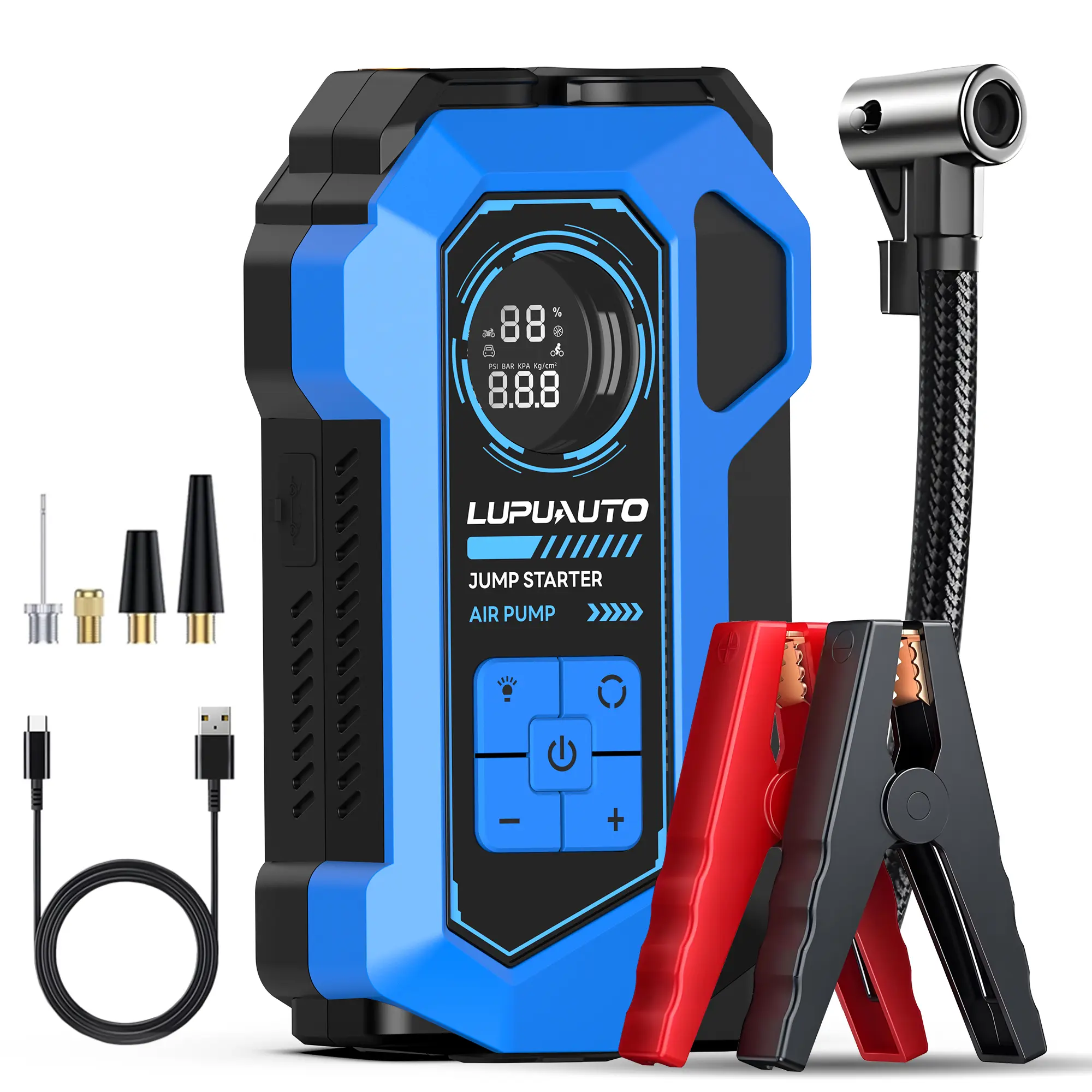 LUPU AUTO Cordless Multi-Function Portable Tire Inflator with Power Bank, Air Compressor, 4 Preset Modes, Auto-Stop, LED Display, Smart Safety Indicator, Fast Phone/Tablet Charging, Car Tool Kit for Car Tires, Bikes