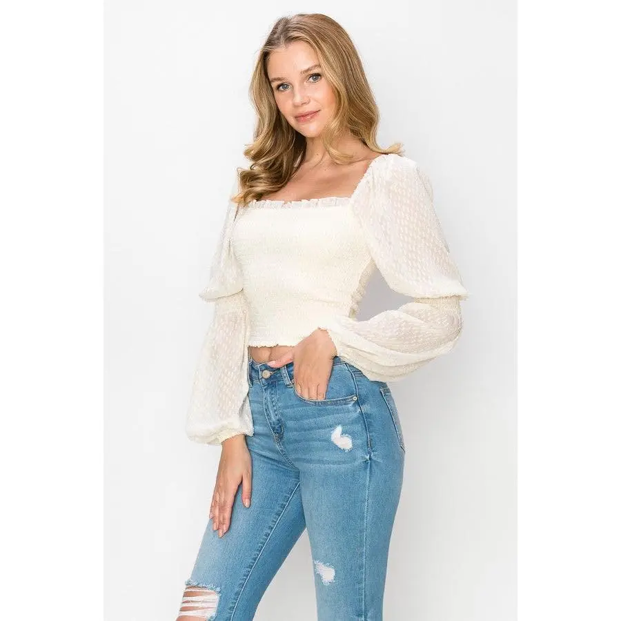 Square Neck Puff Long Sleeve Smocking Detail Blouse