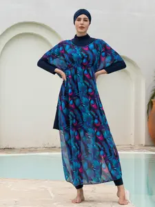 Women's Long Sleeve Plant Pattern Swimwear Set, Conservative Middle Eastern Style Bikini Suit, Summer Beach Vacation Wear