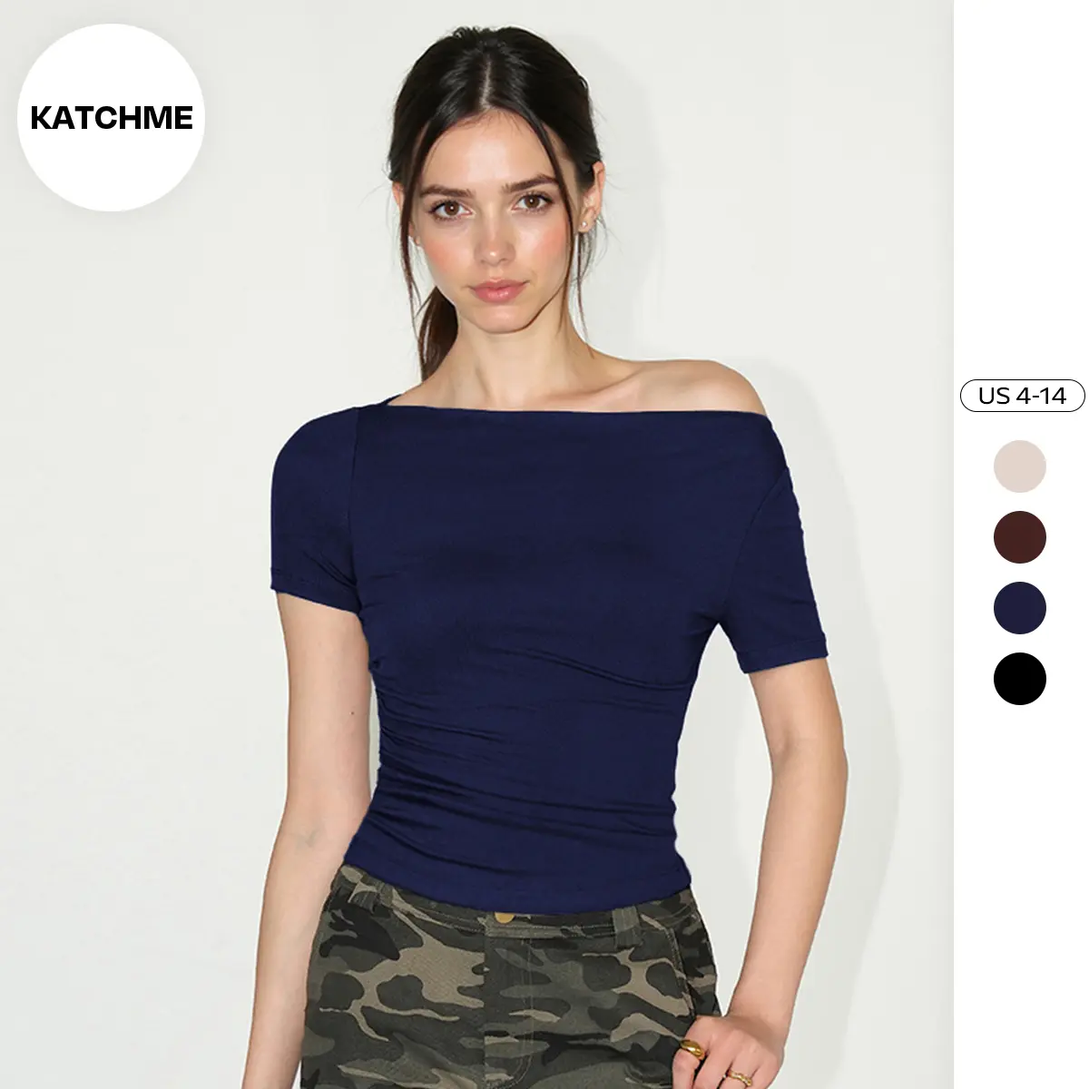 KatchMe Women's Casual Solid Color Sloping Shoulder Shirred Short Sleeve Top, Lady Flattering Top for Daily Wear, Basic Anti-Pilling T-Shirt, Elegant Womenswear