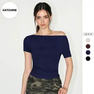 KatchMe Women's Casual Solid Color Sloping Shoulder Shirred Short Sleeve Top, Lady Flattering Top for Daily Wear, Basic Anti-Pilling T-Shirt, Elegant Womenswear