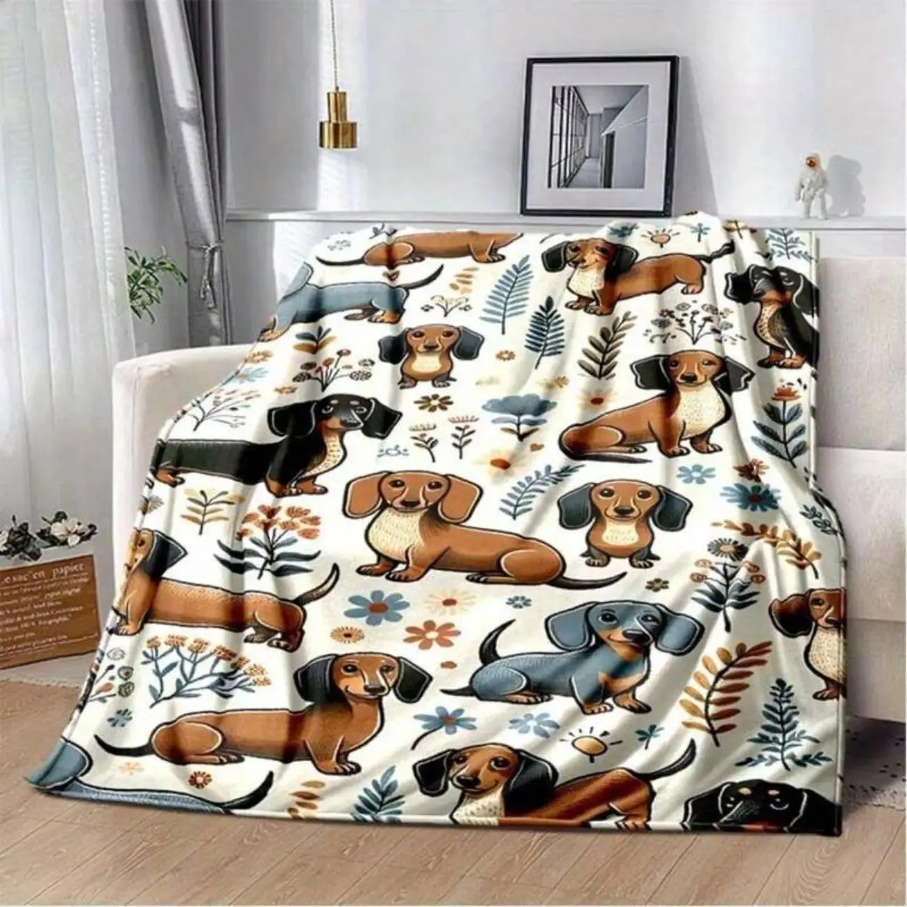 Dachshund Print Flannel-Fleece Throw Blanket - Multi-Size, Super Soft, Cozy, Warm, Wrinkle Resistant, Durable - Bed & Sofa Use - Playful Look Animal Character Blankets - Ideal Gift for Dachshund Fans - Suitable for Infants, Adults