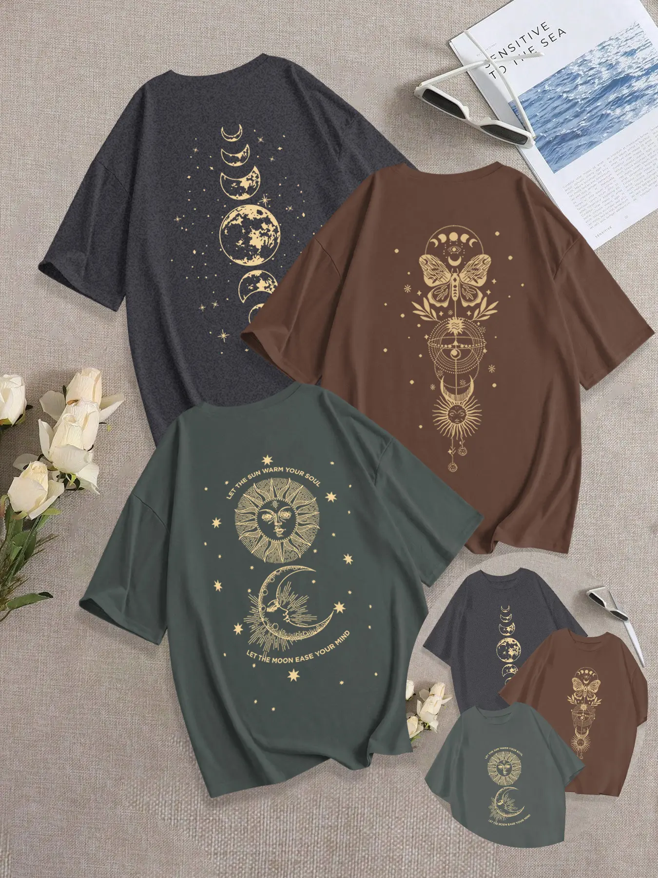 Breathable Casual Summer T-Shirt for Women, Loose-Fitting Round Neck Design, Vintage Graphic Moon & Sun Print, Perfect for Everyday Stylish Lady Wear, 3 Pack Top, Comfy Top, Clothes
