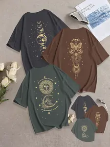Breathable Casual T-Shirt for Women, Loose-Fitting Round Neck Design, Vintage Graphic Moon & Sun Print, Perfect for Everyday Stylish Wear, 3 Pack Top