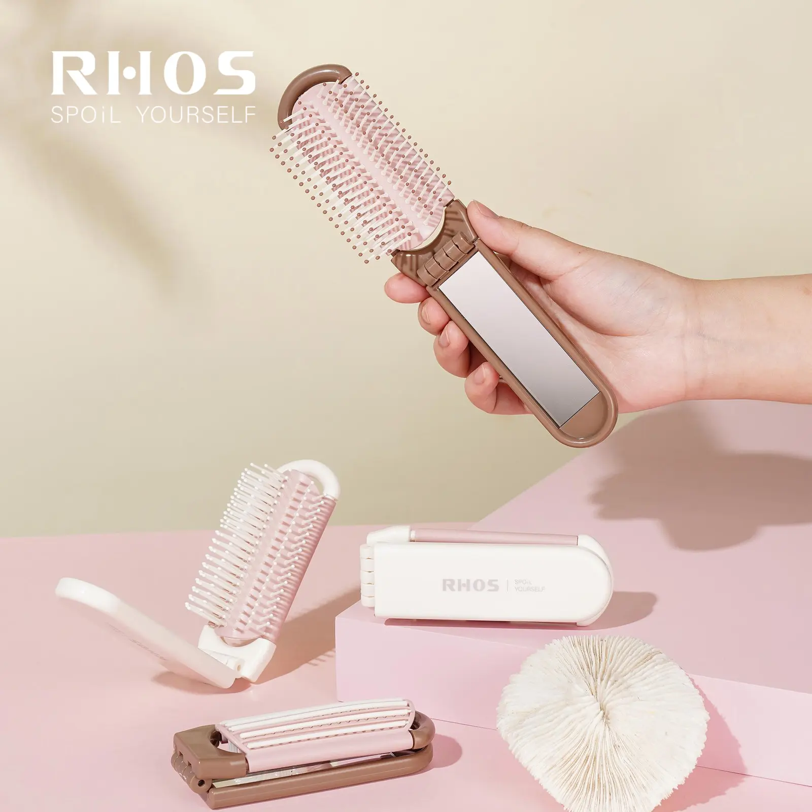RHOS Portable Folding Brush with Mirror for Women, Girls - Mini Hair Brush for Purse, Small Pocket Brush with Soft Nylon Bristles and Mirror for Travel (Beige)