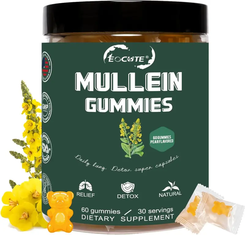 EOCUTE 9 in 1 Mullein Gummies for Lung Cleanse, Extra Strength 10000 MG(10:1 Extract) Mullein Leaf Extract w/Quercetin, Bromelain, Elderberry & Marshmallow for Respiratory, Immune, Vegan,60 Count